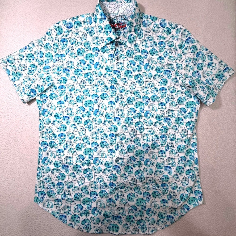 Robert Graham Clarkston Shirt Mens Large Blue White Skull Geometric Stretch